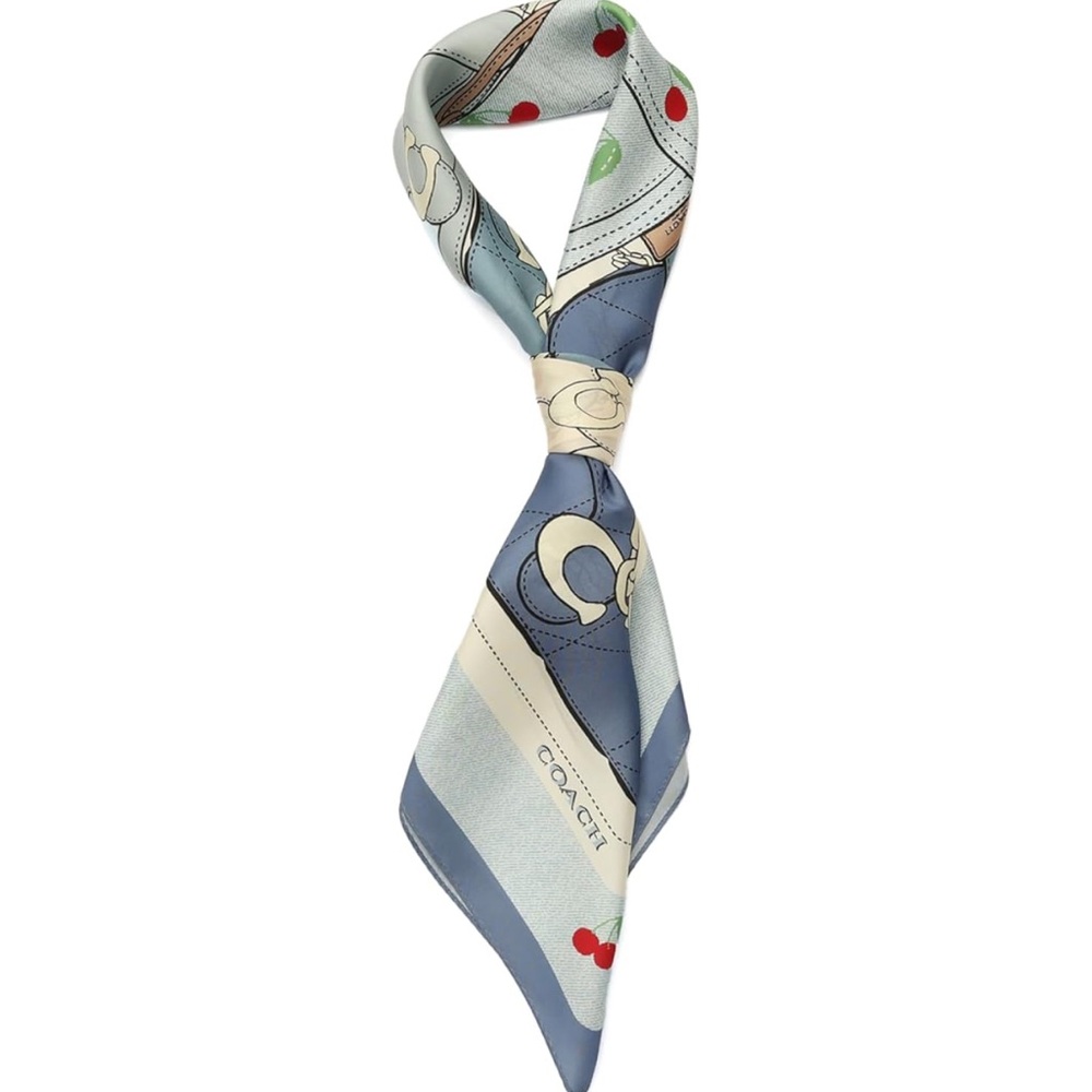 New Coach Blue and Cream Tabby Cherry Print Silk Scarf - Picture 2 of 6